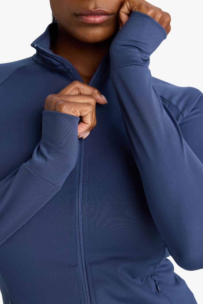 Woman Indigo DeFactoFit Fitted Double Pocket Zip-Up Sports Sweatshirt