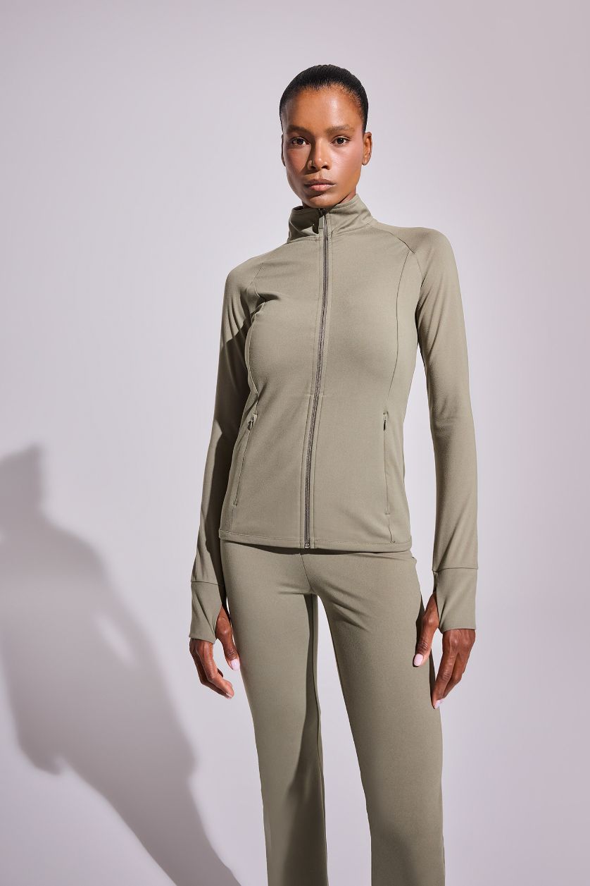 WOMAN Light Khaki DeFactoFit Fitted Stand Collar Zip-Up Sports Sweatshirt