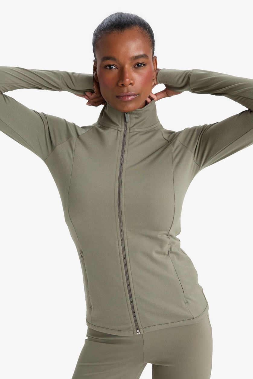 WOMAN Light Khaki DeFactoFit Fitted Stand Collar Zip-Up Sports Sweatshirt