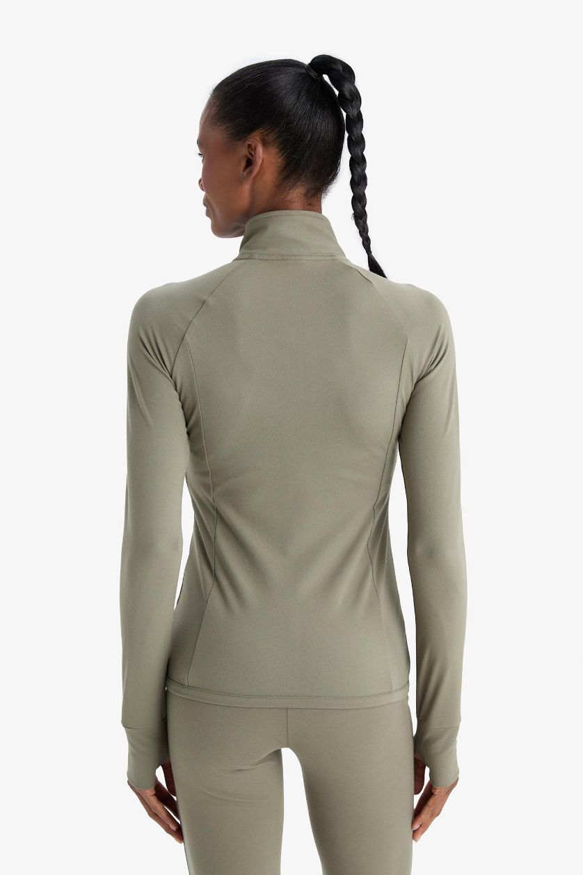 WOMAN Light Khaki DeFactoFit Fitted Stand Collar Zip-Up Sports Sweatshirt