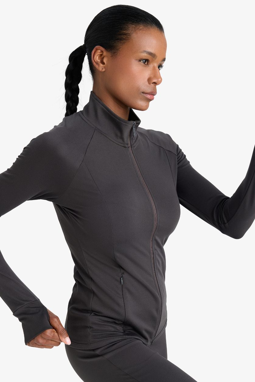 Kadın Antrasit Fitted Dik Yaka Çift Cepli Fermuarlı Sporcu Hırka