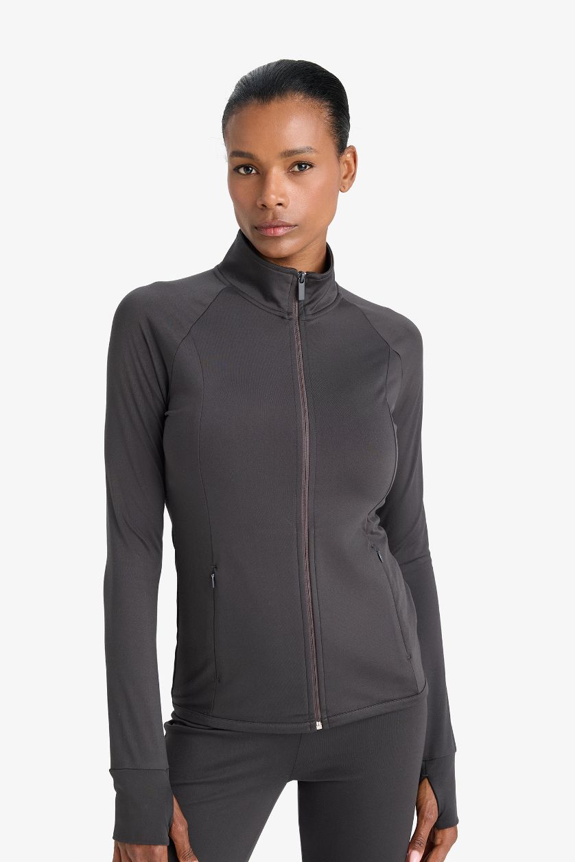 Kadın Antrasit Fitted Dik Yaka Çift Cepli Fermuarlı Sporcu Hırka