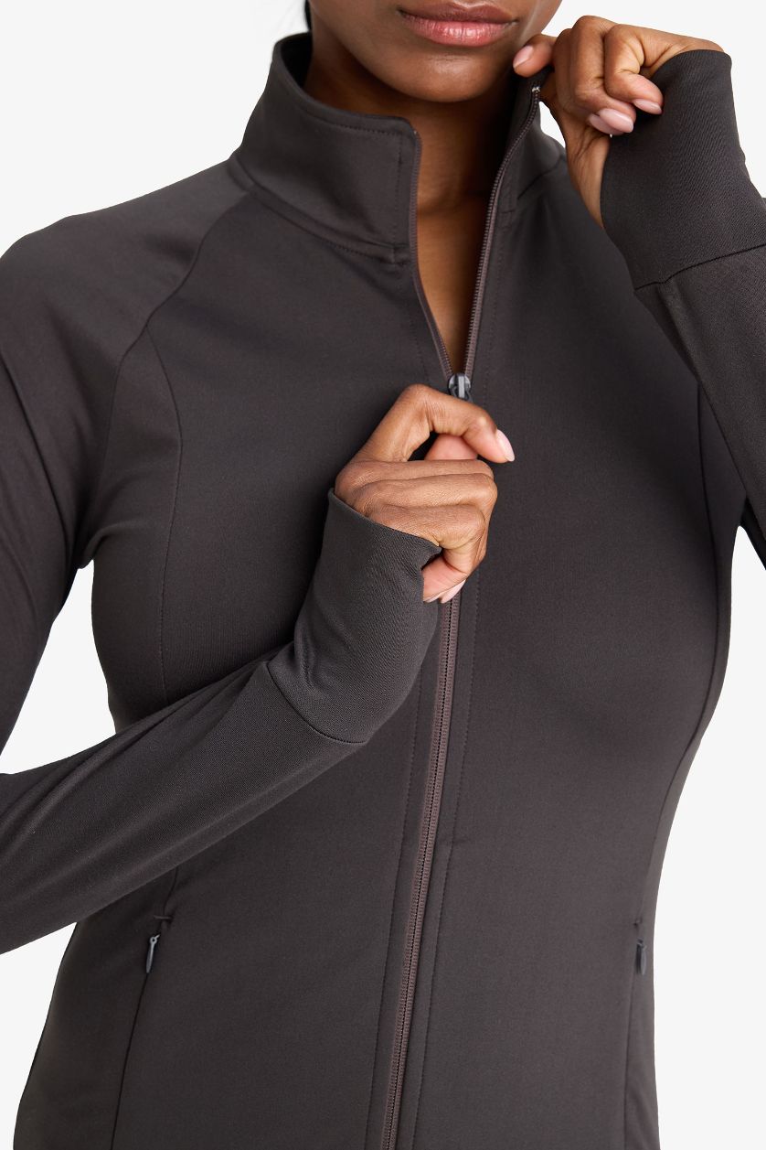 Kadın Antrasit Fitted Dik Yaka Çift Cepli Fermuarlı Sporcu Hırka