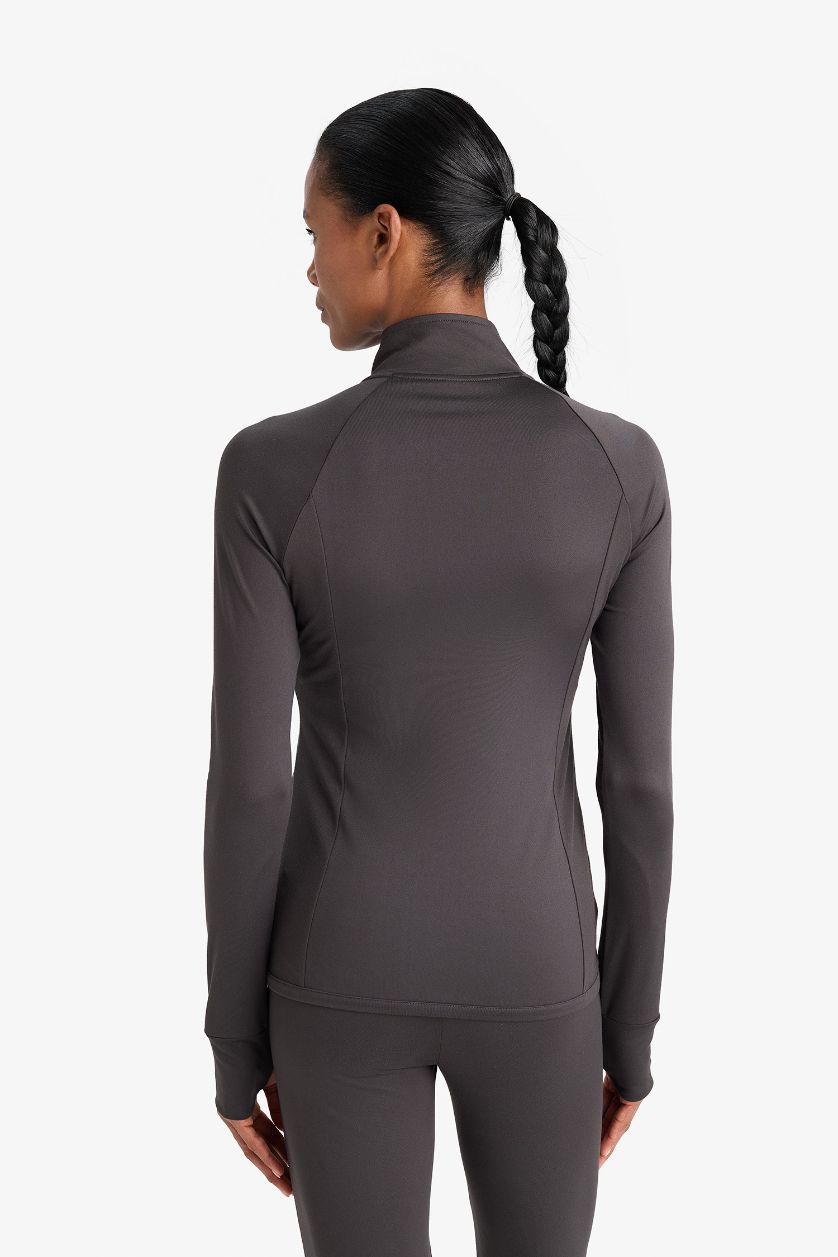 Kadın Antrasit Fitted Dik Yaka Çift Cepli Fermuarlı Sporcu Hırka