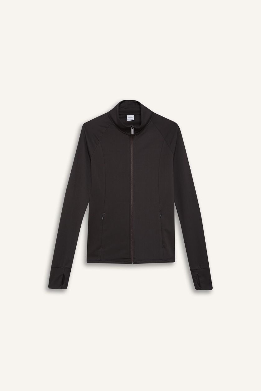 Kadın Antrasit Fitted Dik Yaka Çift Cepli Fermuarlı Sporcu Hırka