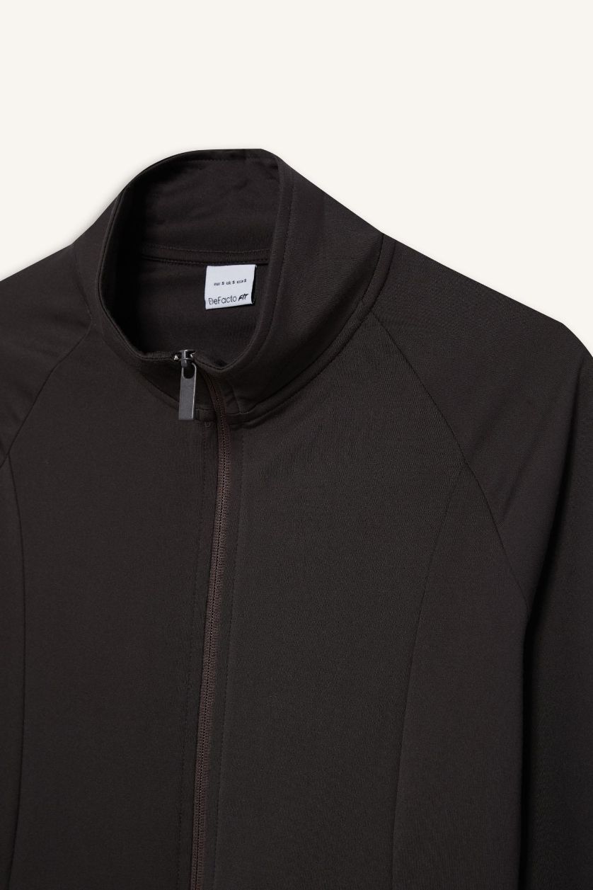 Kadın Antrasit Fitted Dik Yaka Çift Cepli Fermuarlı Sporcu Hırka