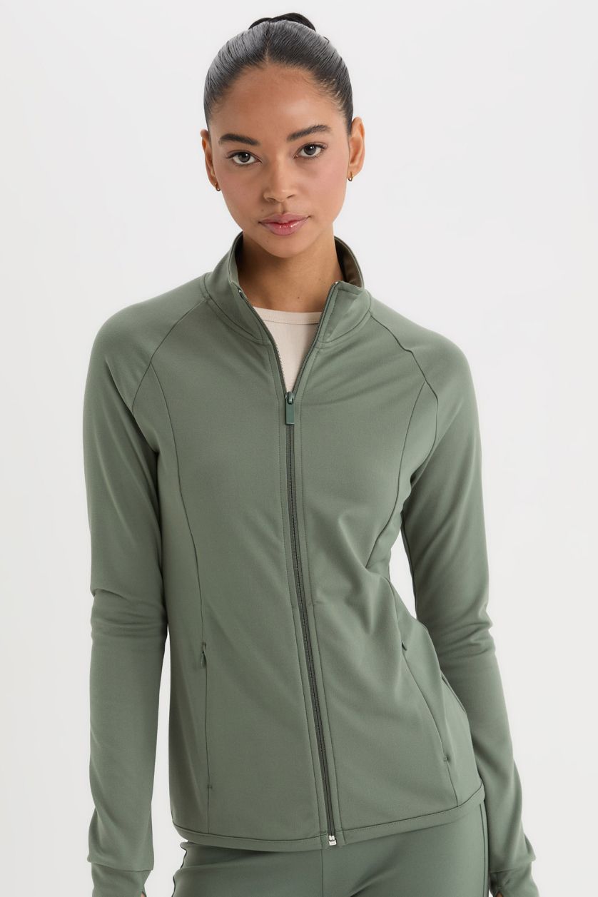 Woman Khaki DeFactoFit Fitted Stand Collar Zippered Sports Cardigan