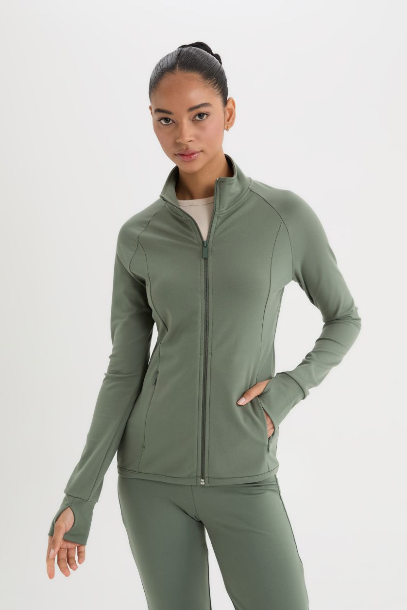 Woman Khaki DeFactoFit Fitted Stand Collar Zippered Sports Cardigan