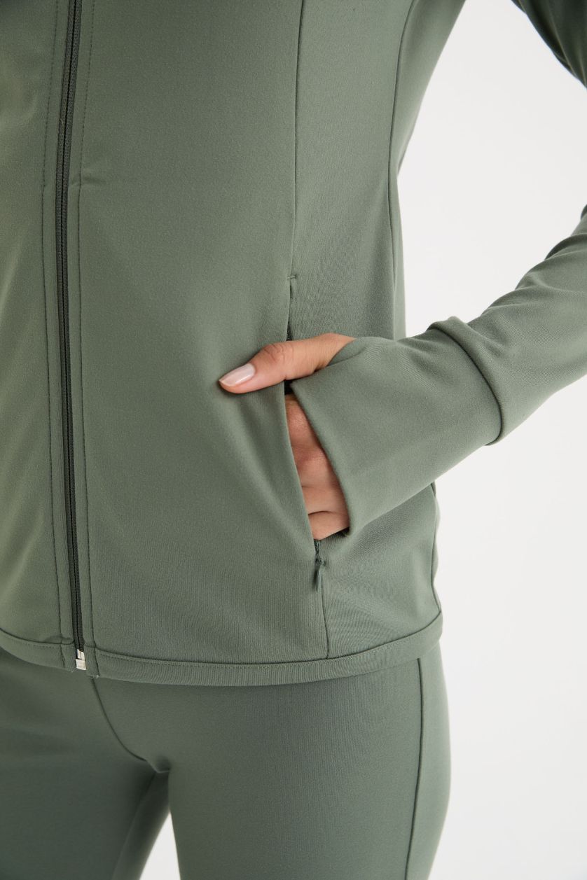 Woman Khaki DeFactoFit Fitted Stand Collar Zippered Sports Cardigan