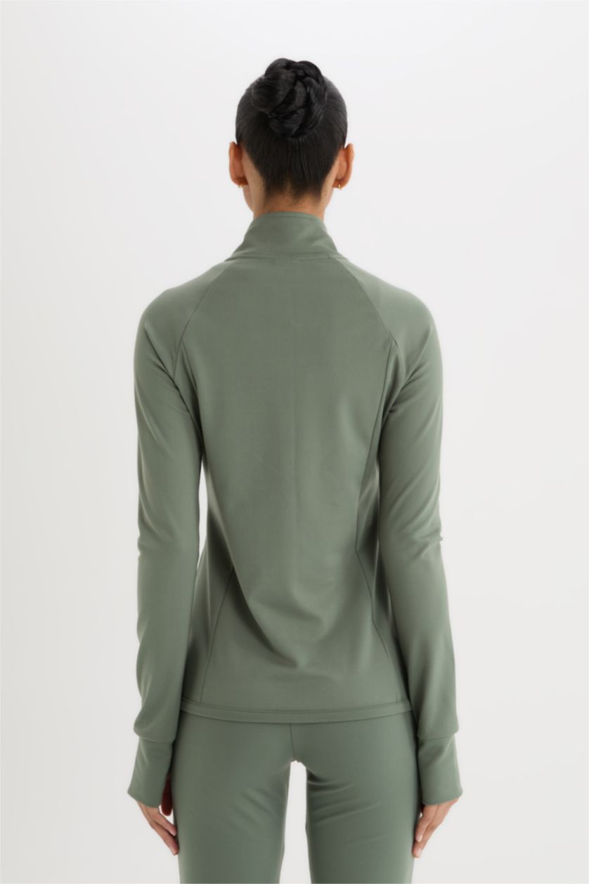 Woman Khaki DeFactoFit Fitted Stand Collar Zippered Sports Cardigan