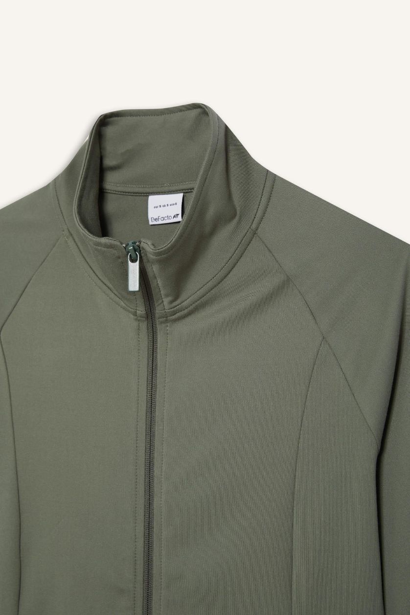 Woman Khaki DeFactoFit Fitted Stand Collar Zippered Sports Cardigan