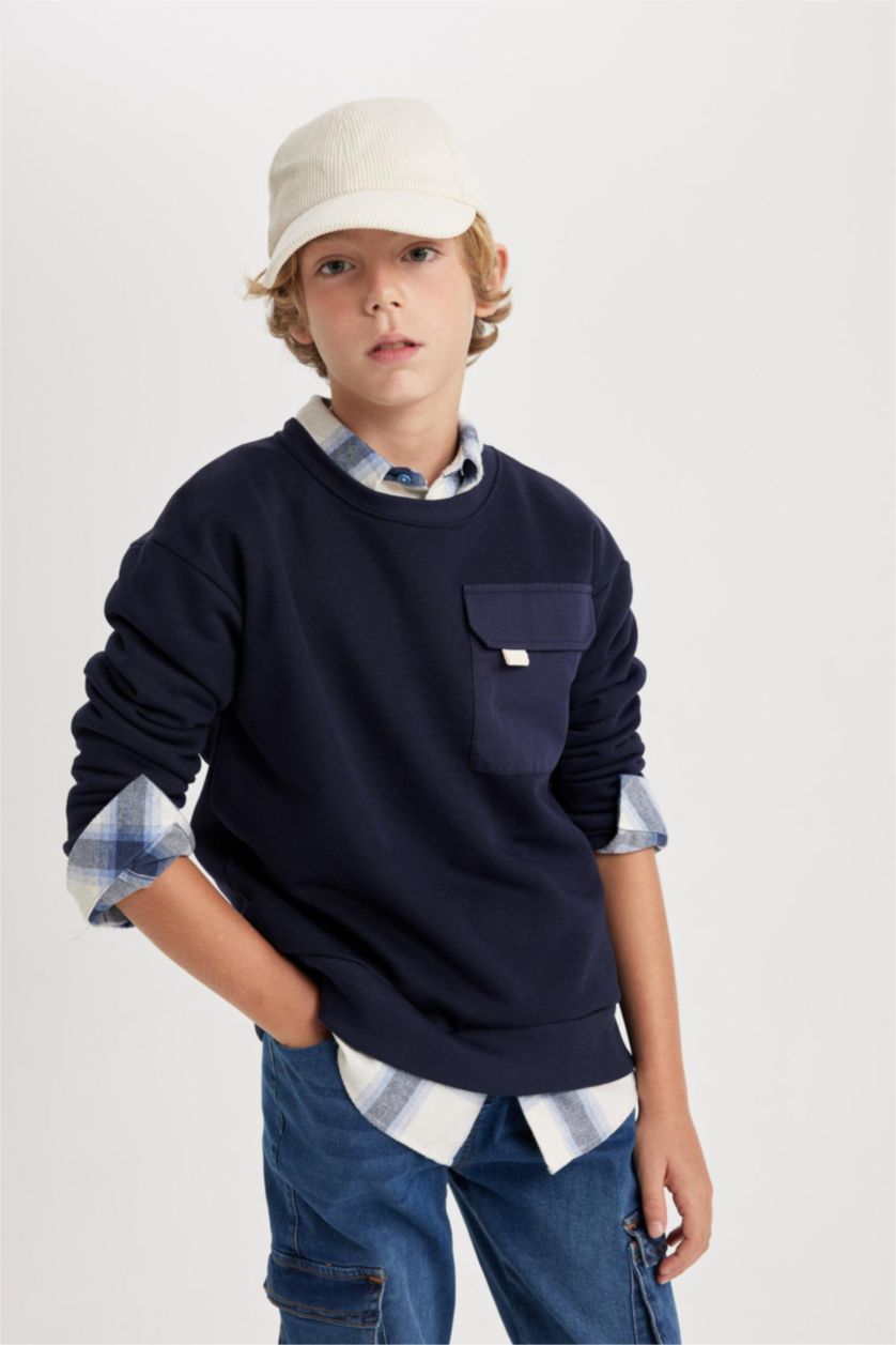 Erkek Çocuk - Genç Erkek Lacivert Erkek Çocuk Oversize Geniş Kalıp Bisiklet Yaka Kalın Sweatshirt