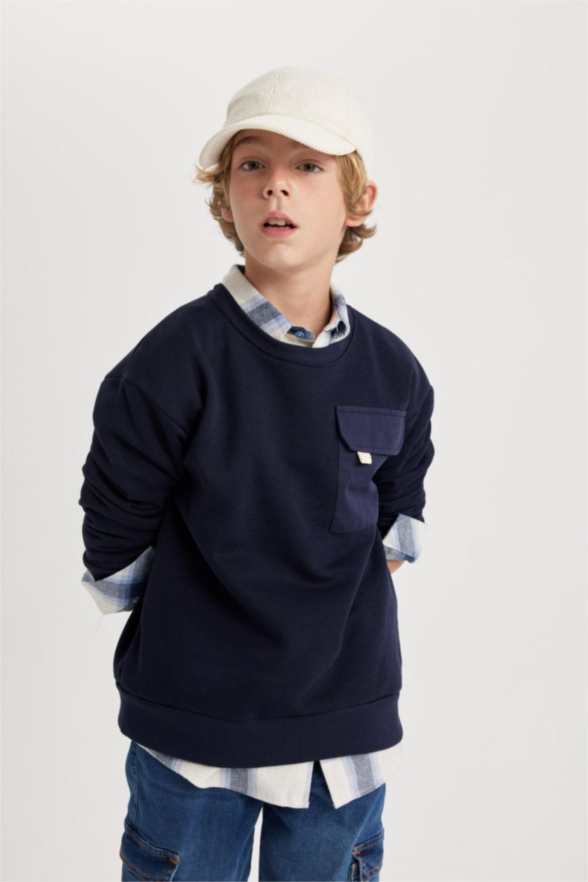 Erkek Çocuk - Genç Erkek Lacivert Erkek Çocuk Oversize Geniş Kalıp Bisiklet Yaka Kalın Sweatshirt