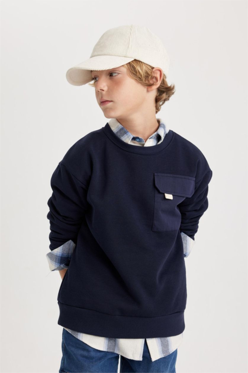 Erkek Çocuk - Genç Erkek Lacivert Erkek Çocuk Oversize Geniş Kalıp Bisiklet Yaka Kalın Sweatshirt