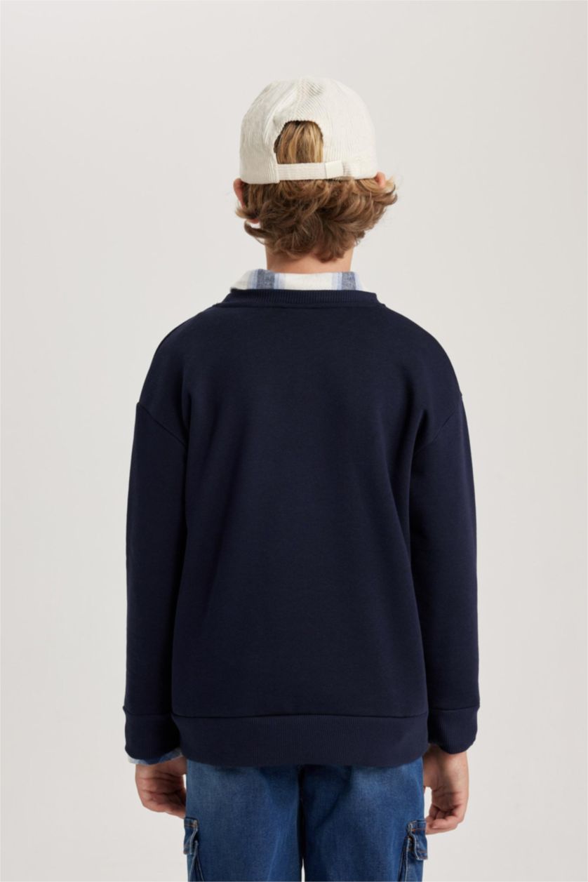 Erkek Çocuk - Genç Erkek Lacivert Erkek Çocuk Oversize Geniş Kalıp Bisiklet Yaka Kalın Sweatshirt