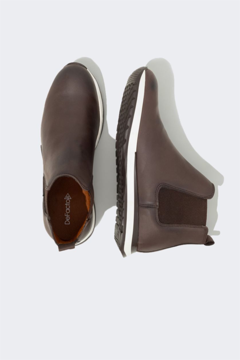 رجالي بني غامق بوت رجالي بكعب عالي بدون رباط