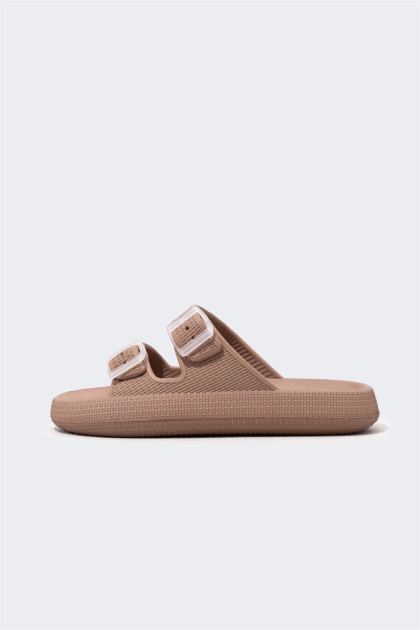 WOMAN Beige Women Flat Sole Faux Leather Slippers