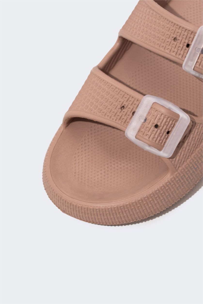 WOMAN Beige Women Flat Sole Faux Leather Slippers