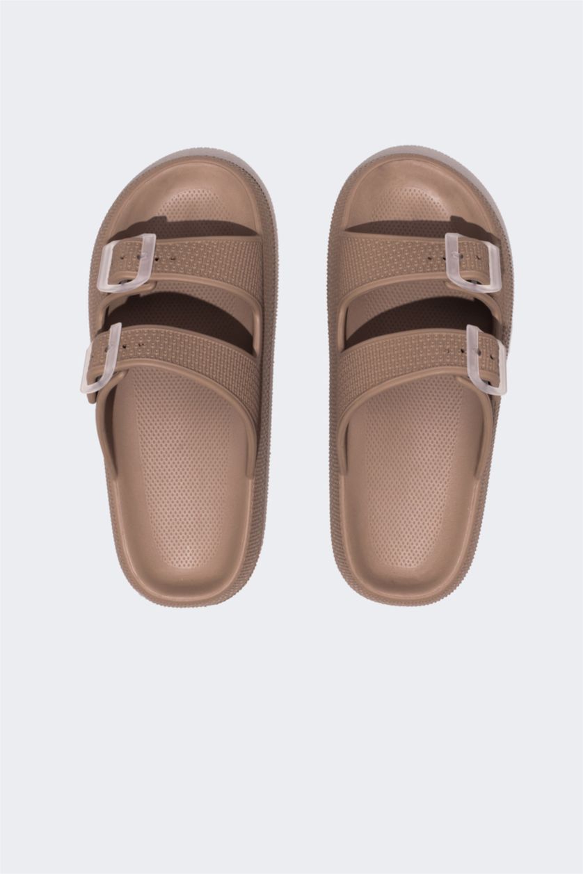 WOMAN Beige Women Flat Sole Faux Leather Slippers