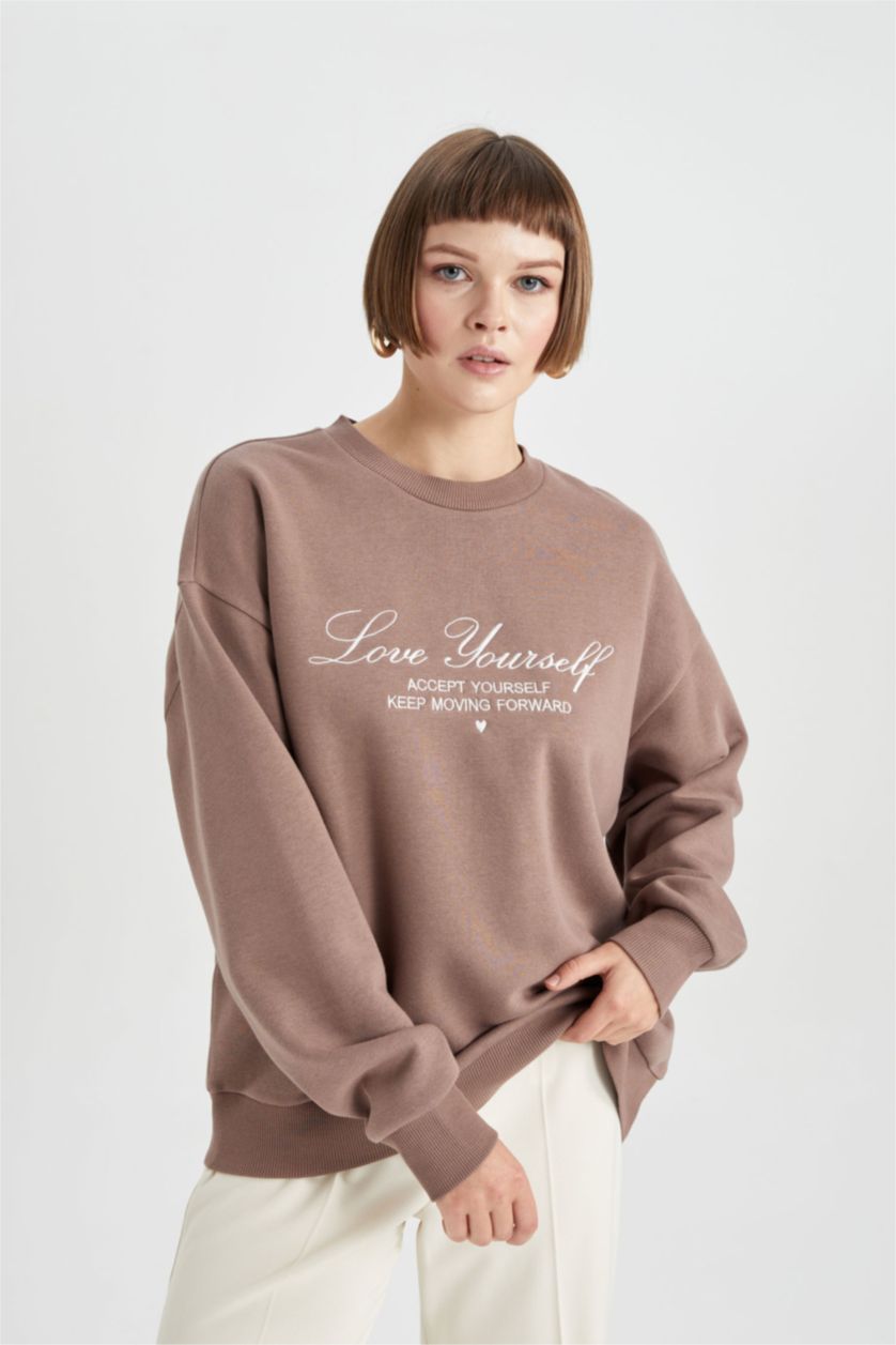 FEMME Marron Clair Sweat- Shirt Coupe Relaxant Col Rond