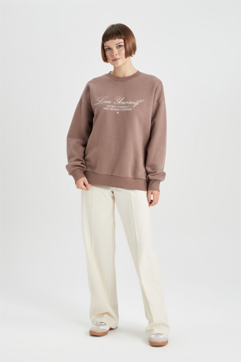 FEMME Marron Clair Sweat- Shirt Coupe Relaxant Col Rond
