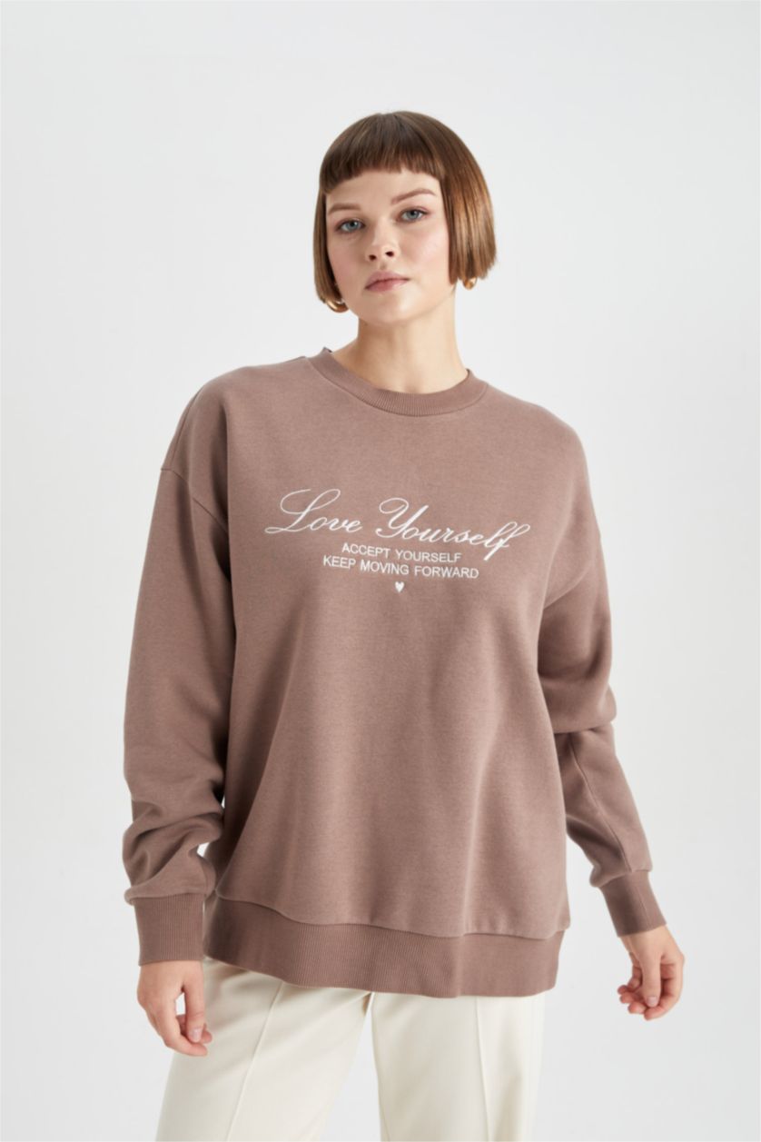 FEMME Marron Clair Sweat- Shirt Coupe Relaxant Col Rond
