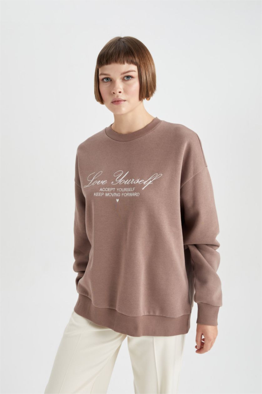 FEMME Marron Clair Sweat- Shirt Coupe Relaxant Col Rond