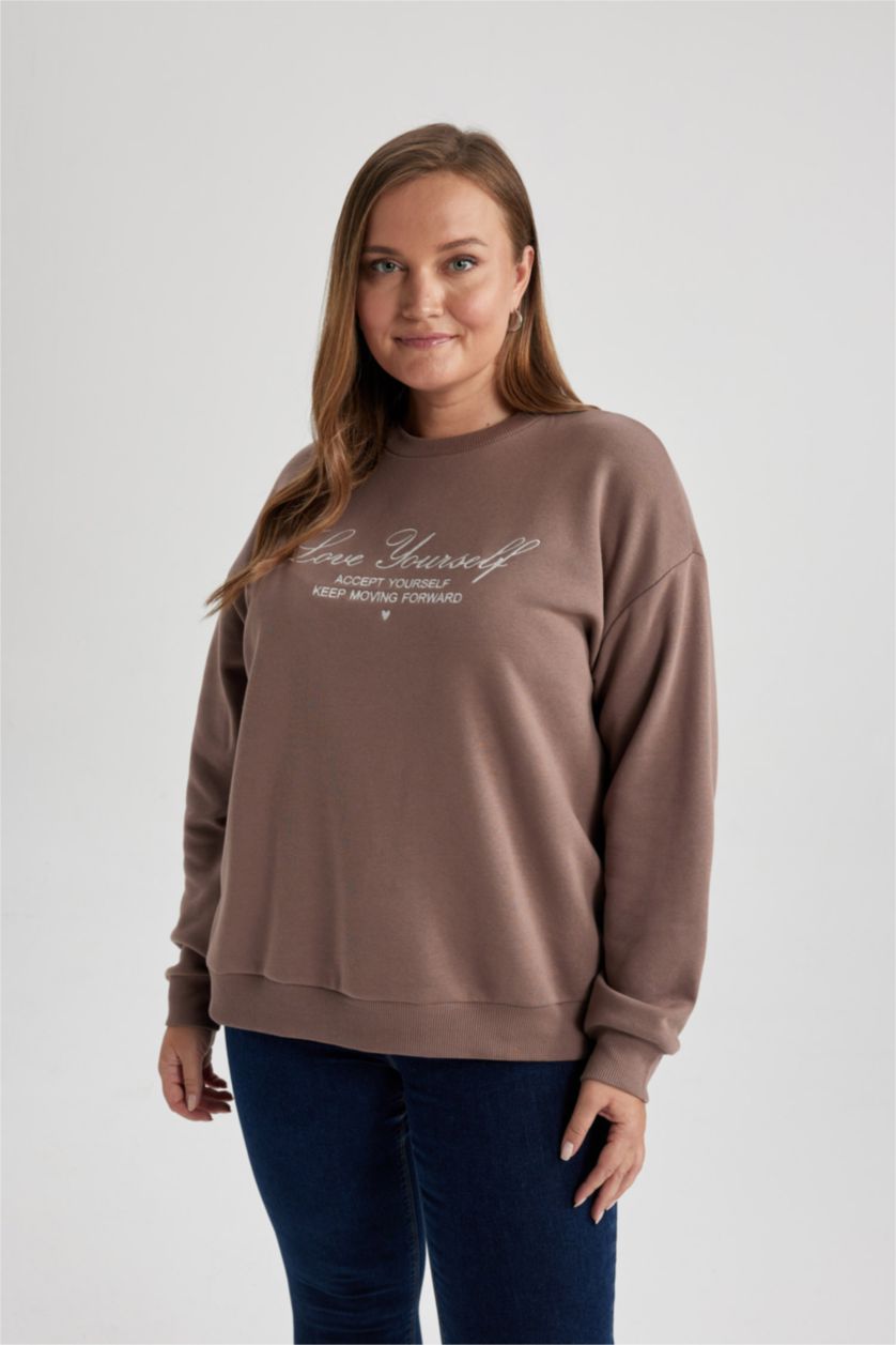 FEMME Marron Clair Sweat- Shirt Coupe Relaxant Col Rond