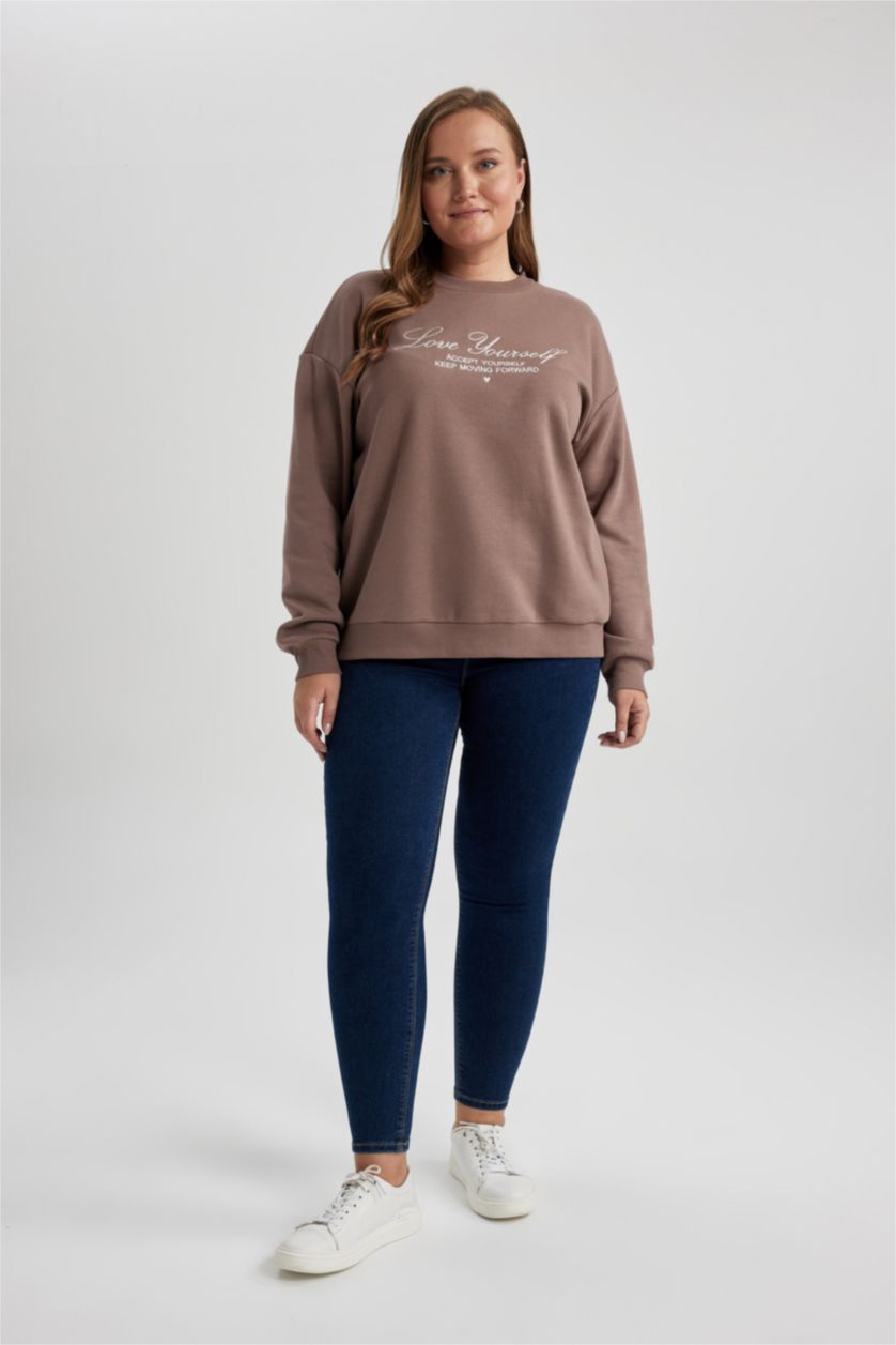 FEMME Marron Clair Sweat- Shirt Coupe Relaxant Col Rond