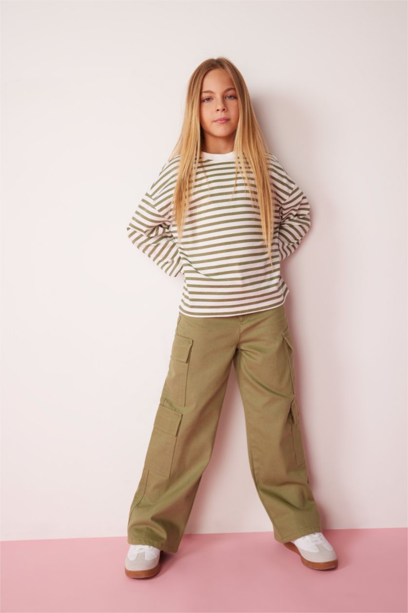 GIRLS & TEENS Khaki Girl Cargo Jogger Wide Leg Cotton Trousers