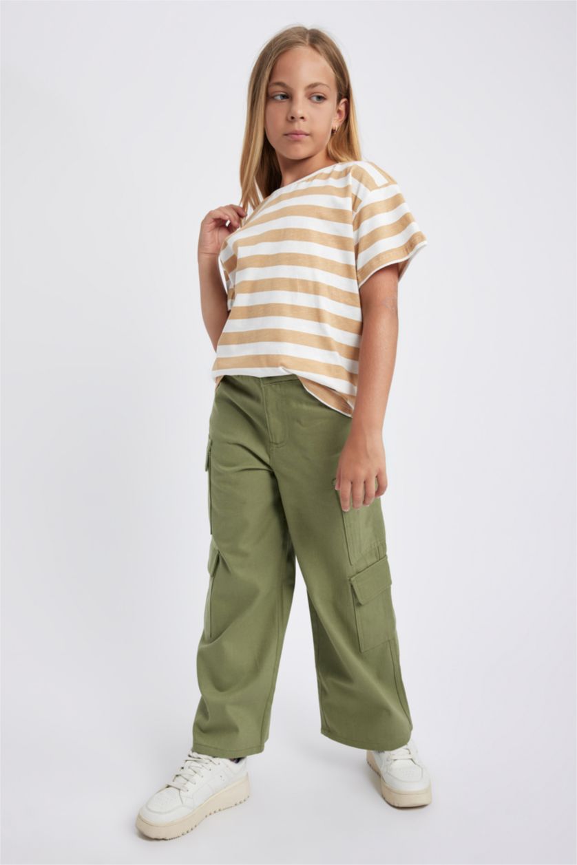 GIRLS & TEENS Khaki Girl Cargo Jogger Wide Leg Cotton Trousers