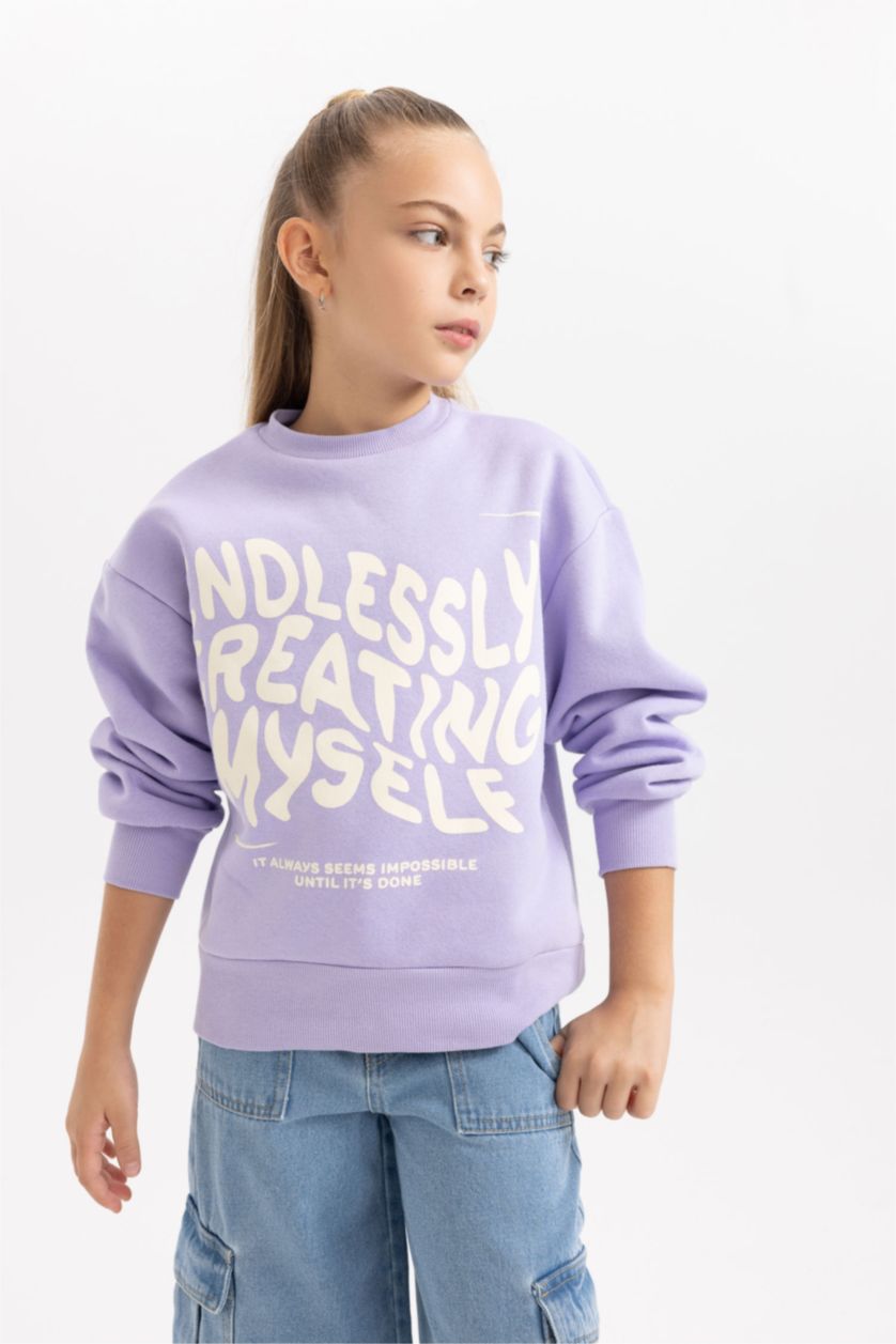 Kız Çocuk - Genç Kız Açık Lila Kız Çocuk Bisiklet Yaka İçi Yumuşak Tüylü Kalın Sweatshirt