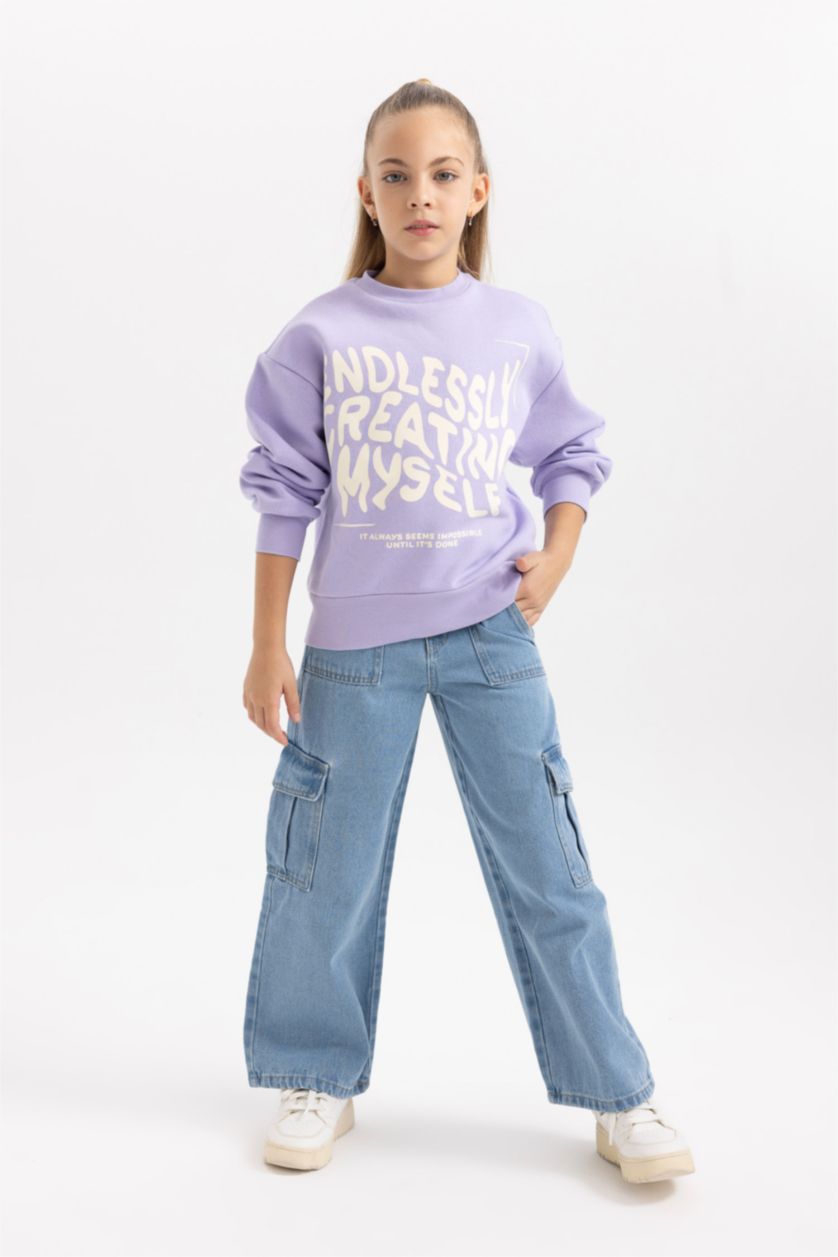 Kız Çocuk - Genç Kız Açık Lila Kız Çocuk Bisiklet Yaka İçi Yumuşak Tüylü Kalın Sweatshirt