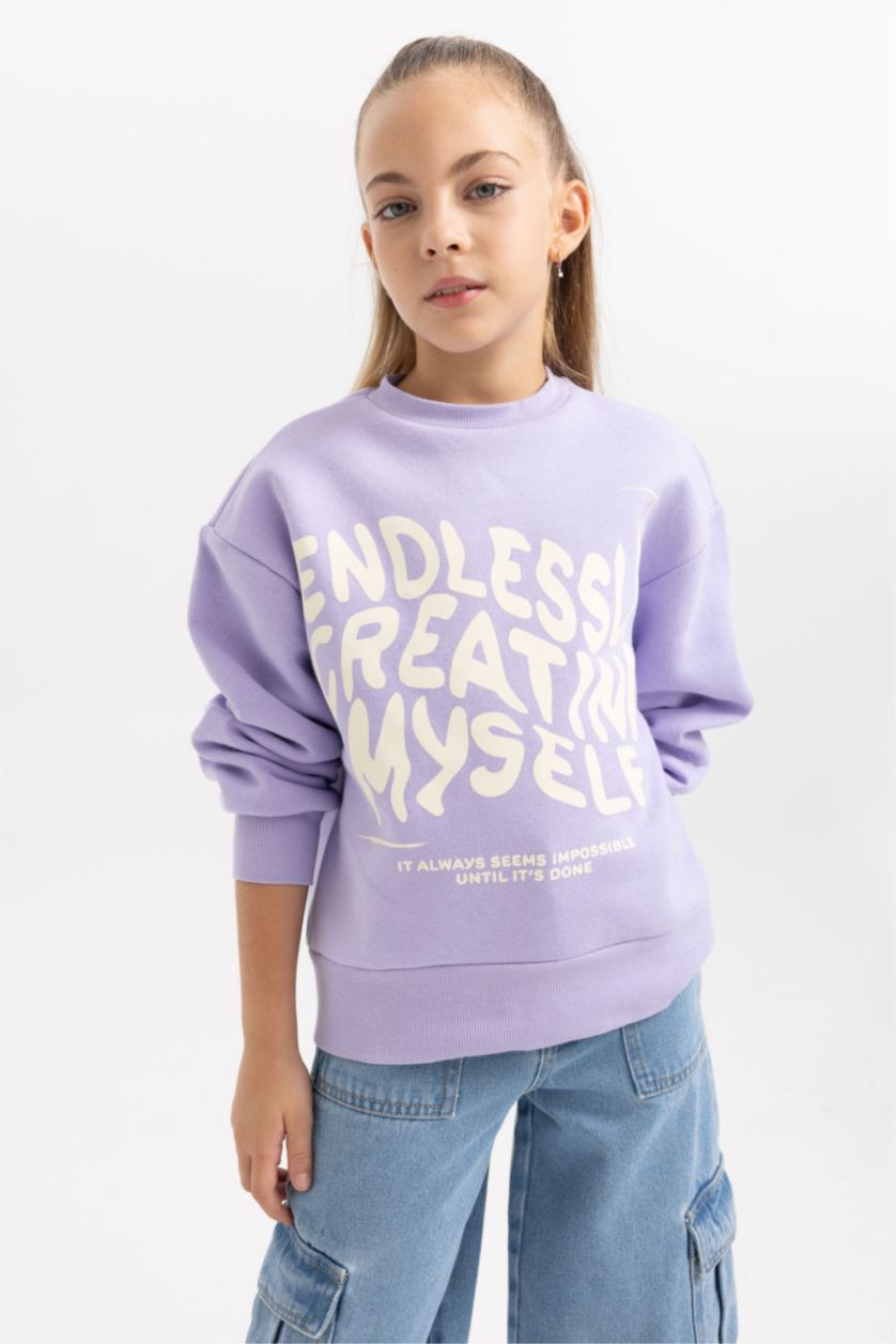 Kız Çocuk - Genç Kız Açık Lila Kız Çocuk Bisiklet Yaka İçi Yumuşak Tüylü Kalın Sweatshirt