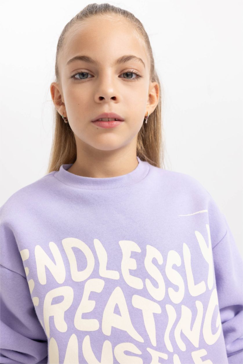 Kız Çocuk - Genç Kız Açık Lila Kız Çocuk Bisiklet Yaka İçi Yumuşak Tüylü Kalın Sweatshirt