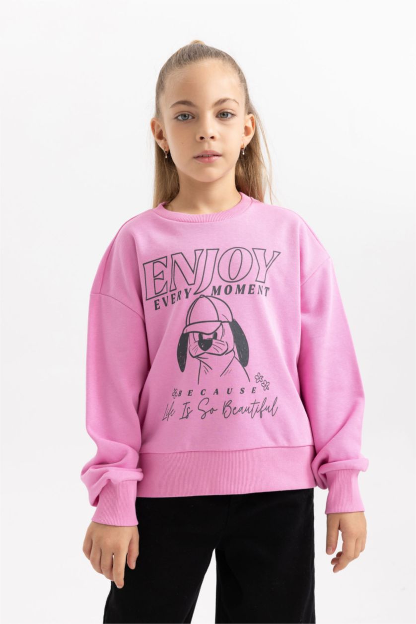 Kız Çocuk - Genç Kız Pembe Kız Çocuk Baskılı Bisiklet Yaka İçi Yumuşak Tüylü Kalın Sweatshirt 