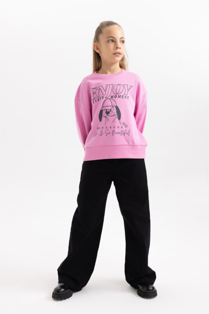 Kız Çocuk - Genç Kız Pembe Kız Çocuk Baskılı Bisiklet Yaka İçi Yumuşak Tüylü Kalın Sweatshirt 