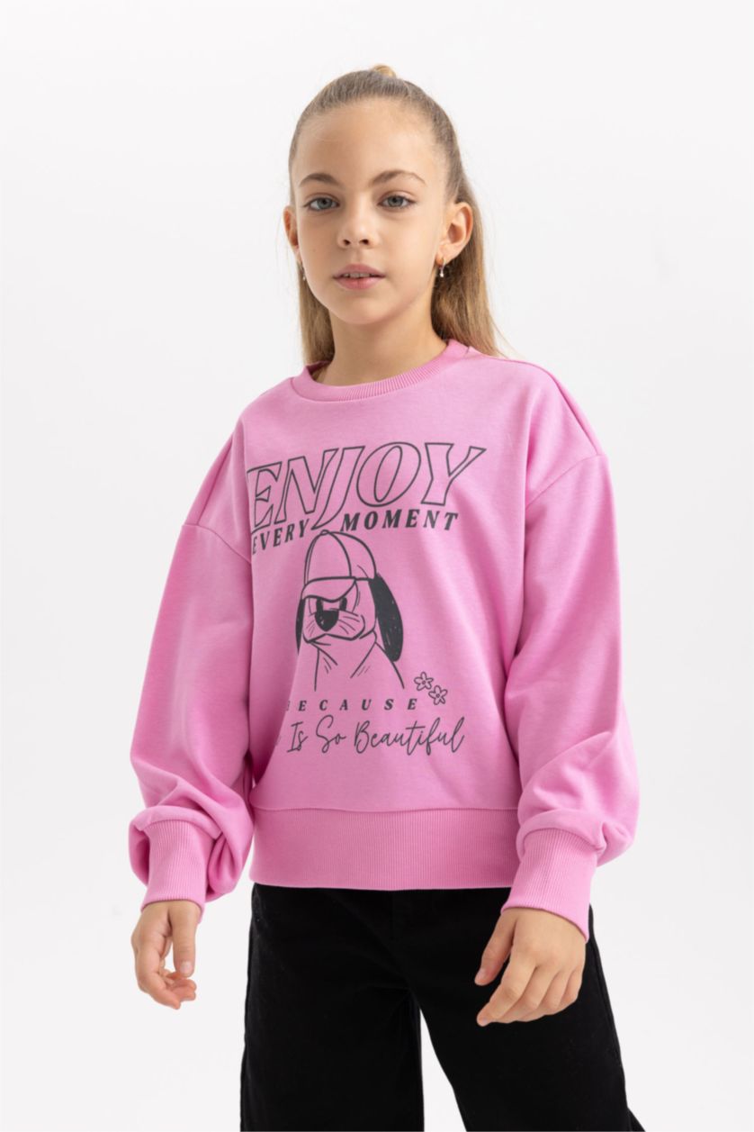 Kız Çocuk - Genç Kız Pembe Kız Çocuk Baskılı Bisiklet Yaka İçi Yumuşak Tüylü Kalın Sweatshirt 