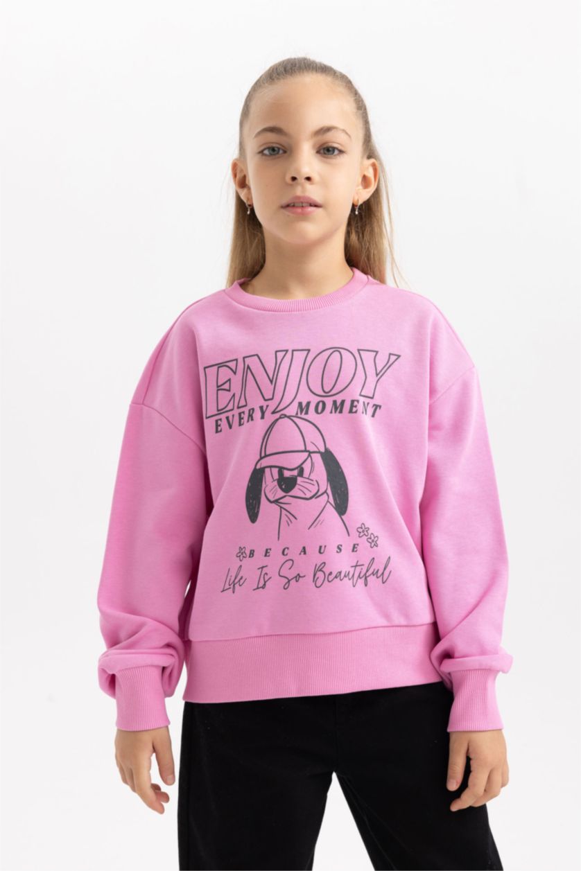 Kız Çocuk - Genç Kız Pembe Kız Çocuk Baskılı Bisiklet Yaka İçi Yumuşak Tüylü Kalın Sweatshirt 