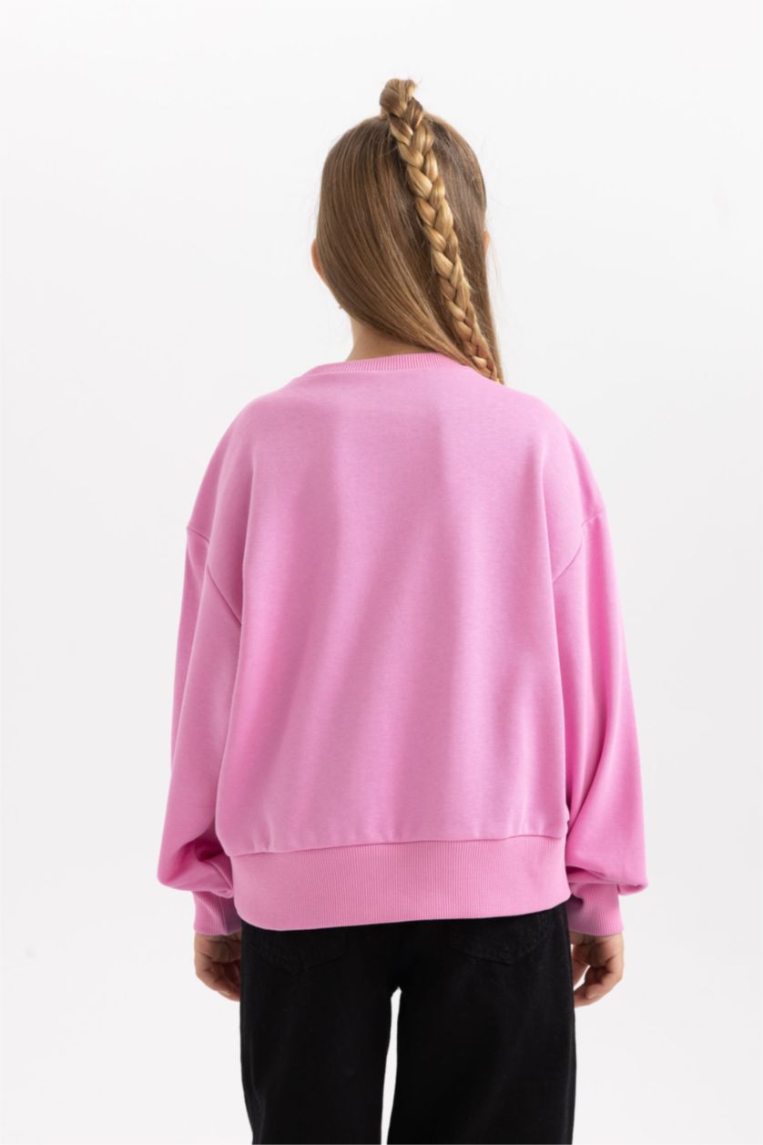 Kız Çocuk - Genç Kız Pembe Kız Çocuk Baskılı Bisiklet Yaka İçi Yumuşak Tüylü Kalın Sweatshirt 