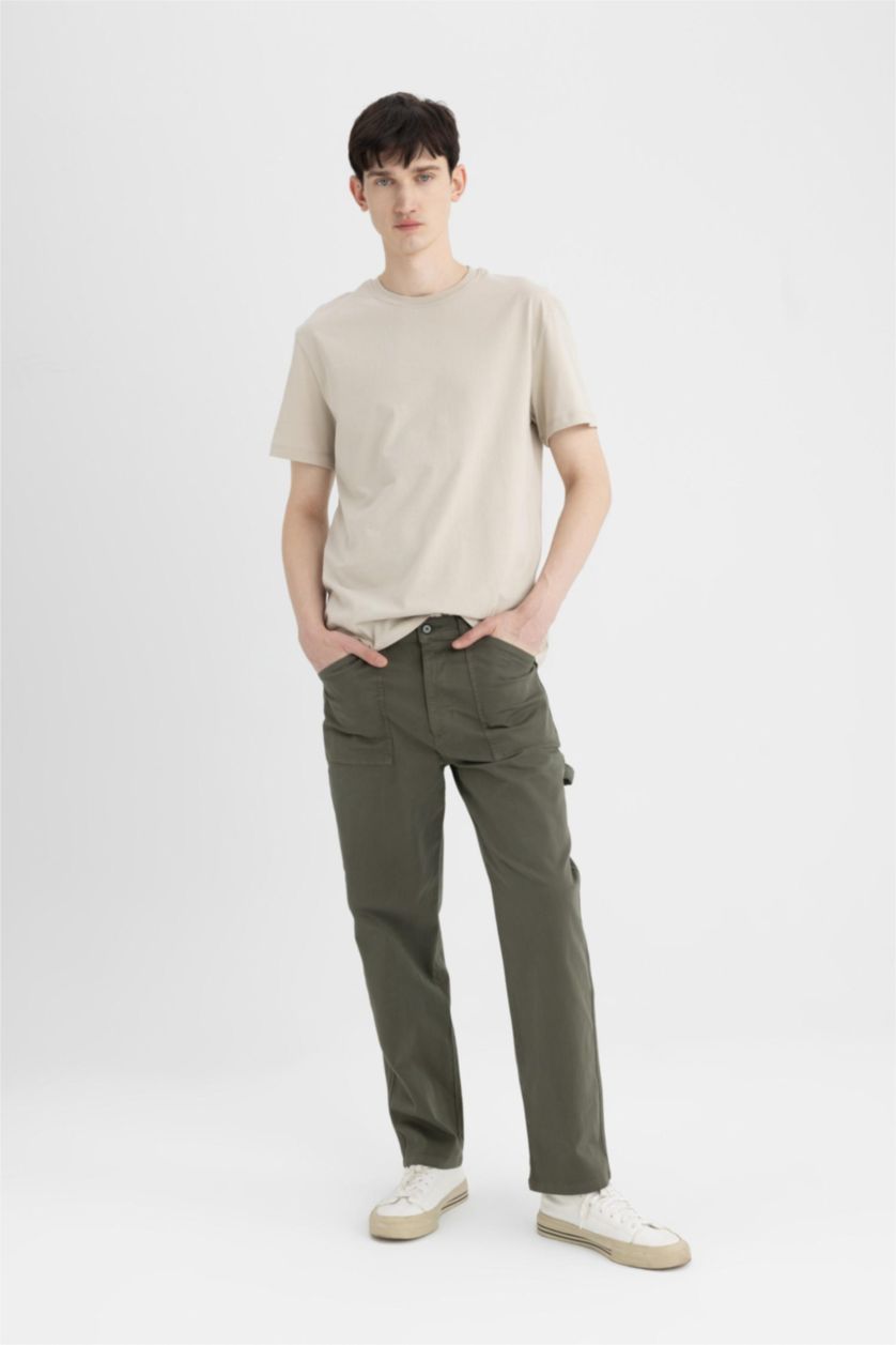 Man Dark Khaki Straight Fit Regular Hem Gabardine Trousers