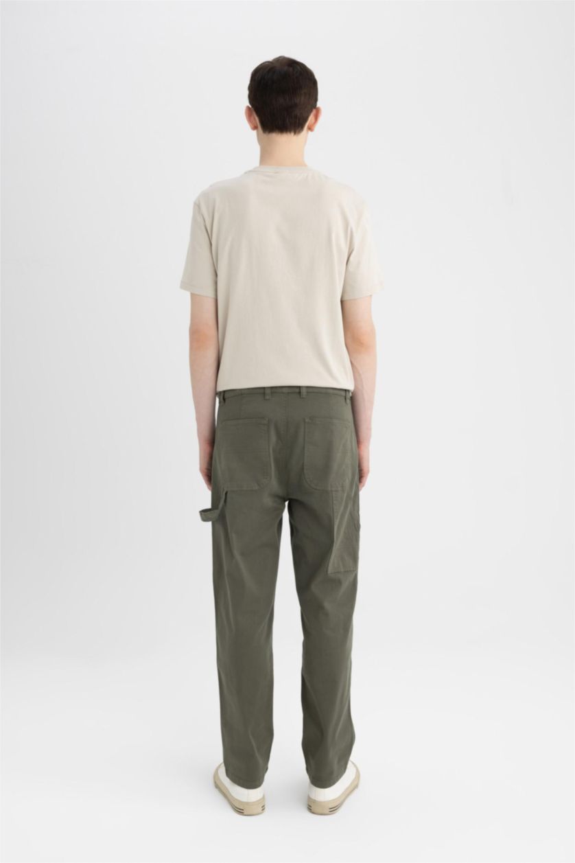 Man Dark Khaki Straight Fit Regular Hem Gabardine Trousers