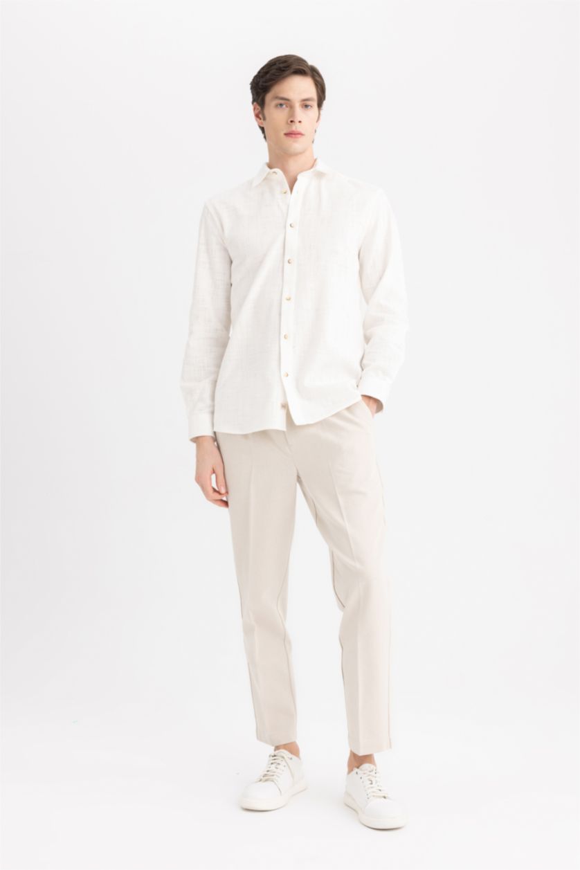 Erkek Kırık Beyaz %100 Pamuk Regular Fit Polo Yaka Uzun Kollu Pamuklu Keten Görünümlü Beyaz Gömlek