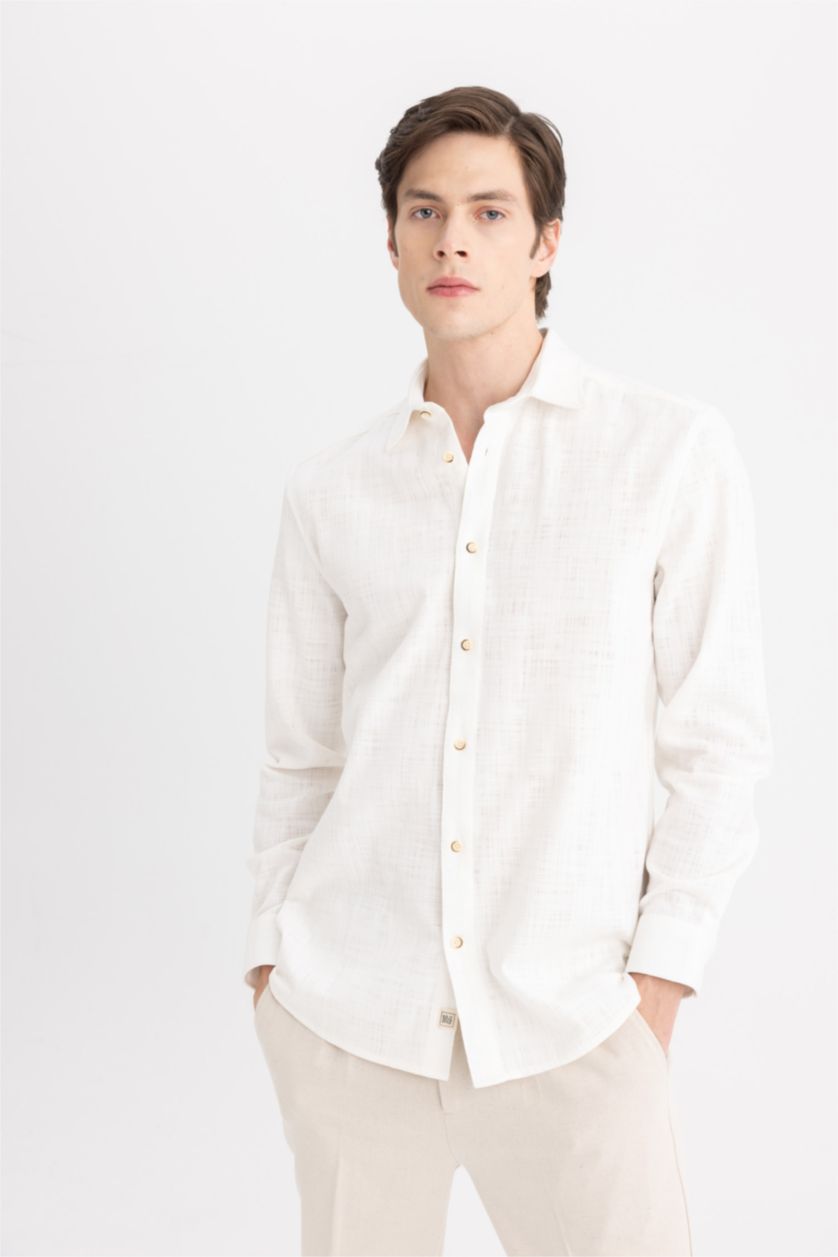 Erkek Kırık Beyaz %100 Pamuk Regular Fit Polo Yaka Uzun Kollu Pamuklu Keten Görünümlü Beyaz Gömlek