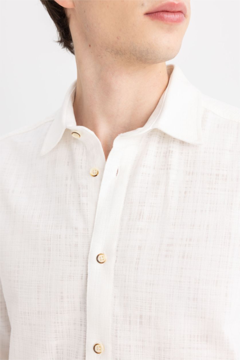 Erkek Kırık Beyaz %100 Pamuk Regular Fit Polo Yaka Uzun Kollu Pamuklu Keten Görünümlü Beyaz Gömlek