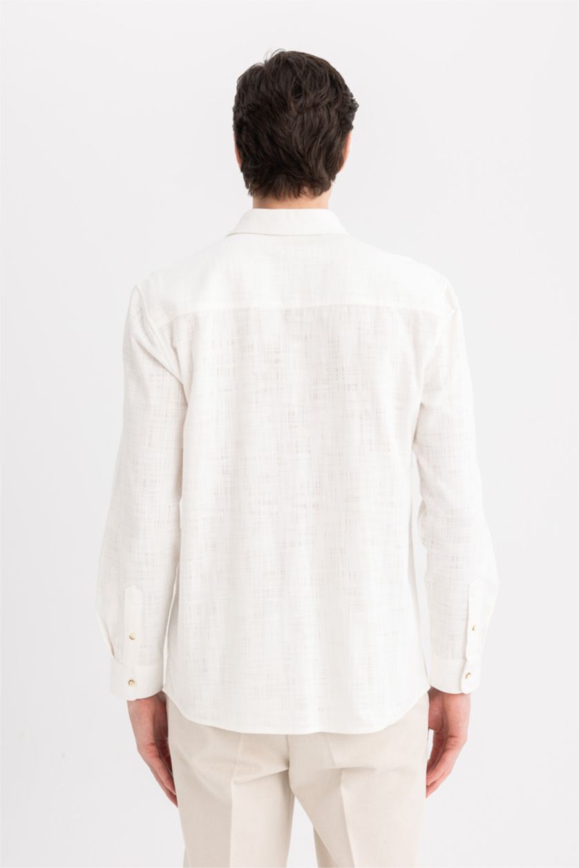 Erkek Kırık Beyaz %100 Pamuk Regular Fit Polo Yaka Uzun Kollu Pamuklu Keten Görünümlü Beyaz Gömlek