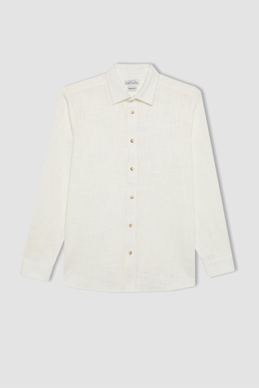 Erkek Kırık Beyaz %100 Pamuk Regular Fit Polo Yaka Uzun Kollu Pamuklu Keten Görünümlü Beyaz Gömlek