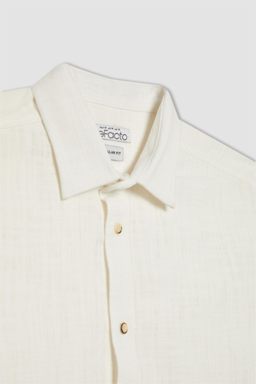 Erkek Kırık Beyaz %100 Pamuk Regular Fit Polo Yaka Uzun Kollu Pamuklu Keten Görünümlü Beyaz Gömlek