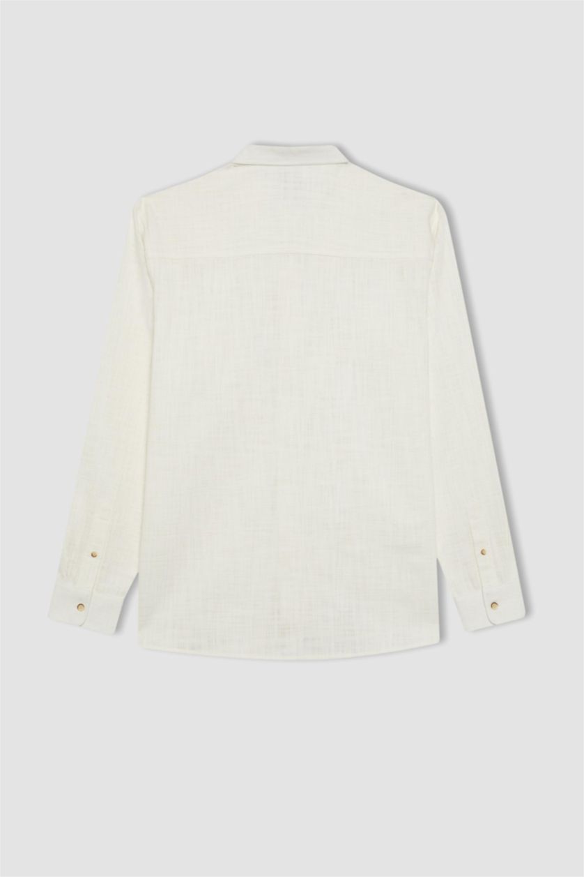 Erkek Kırık Beyaz %100 Pamuk Regular Fit Polo Yaka Uzun Kollu Pamuklu Keten Görünümlü Beyaz Gömlek