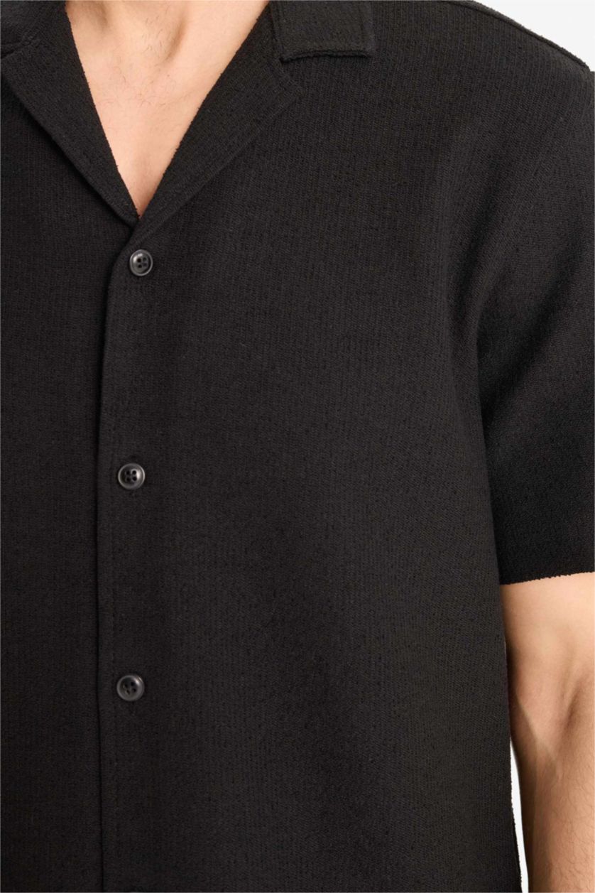 Erkek Siyah Relax Fit Yazlık Apaş Yaka Pamuklu Kısa Kollu Siyah Gömlek